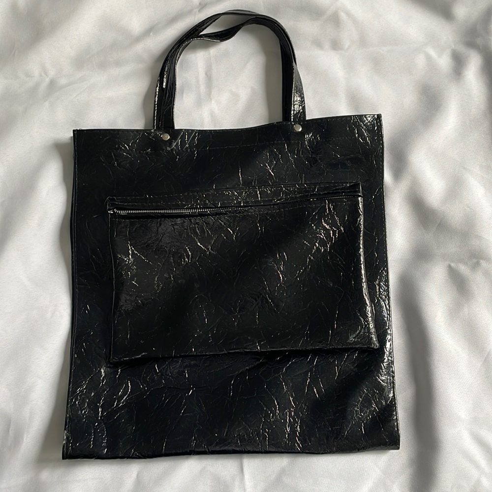 Black Faux Patent Leather Tote Bag, Black Shopper Tote or Lunch Bag